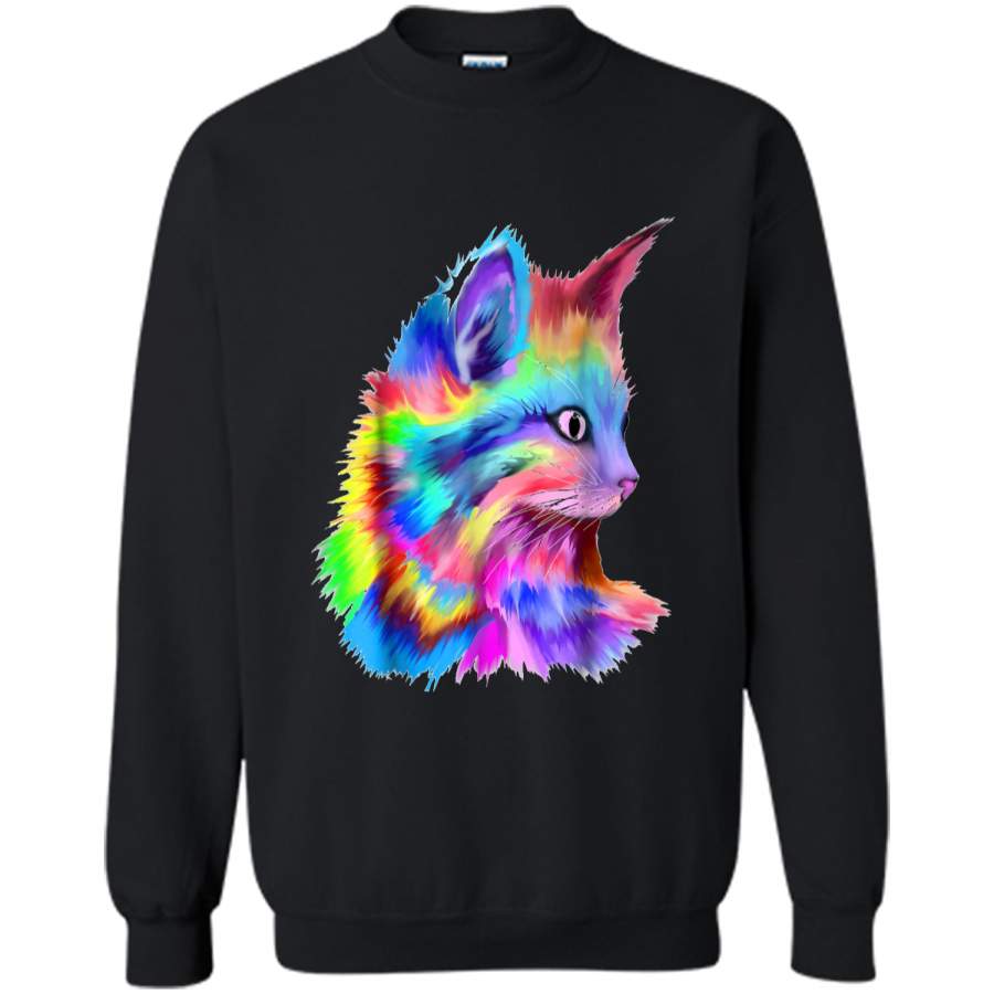 Colorful Cute Rainbow Kitten Cat Psychedelic Rave Edm  Printed Crewneck Pullover Sweatshirt