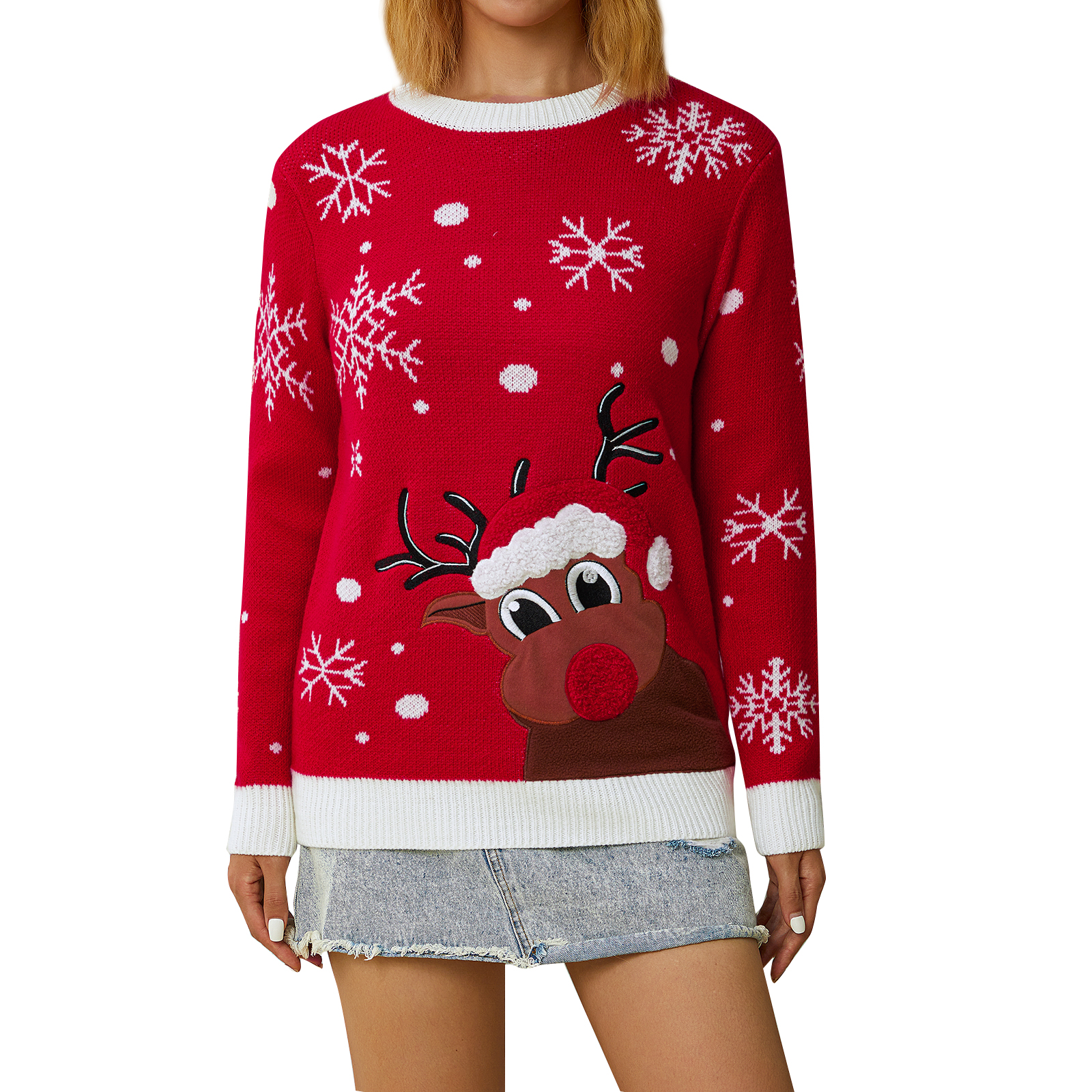 Adults Christmas Sweater Snowflake Elk Print Crew Neck Long Sleeve Knitwear Winter Pullovers for Women Men S/M/L/XL/XXL/XXXL alx