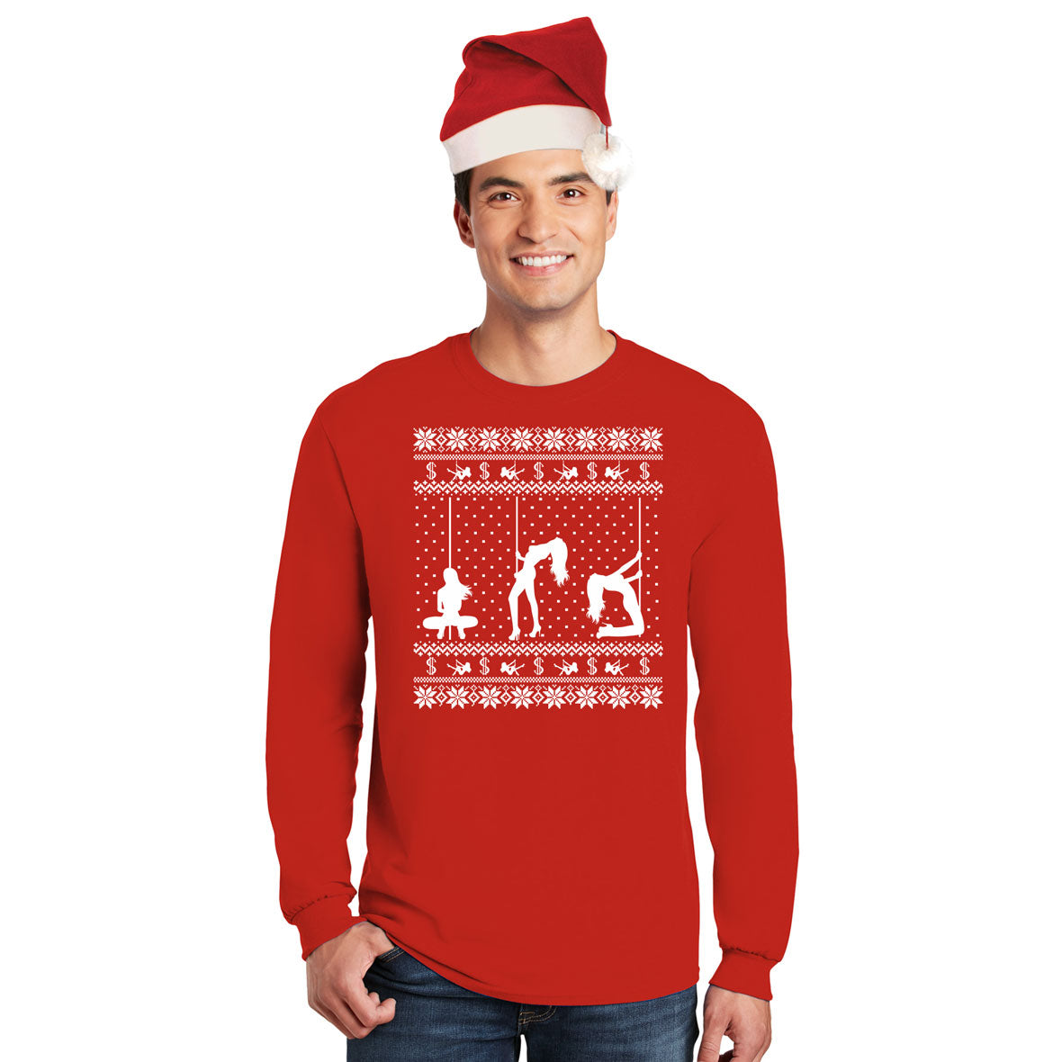 Stripper Silhouette Ugly Christmas Sweater Red Mens Long Sleeve T Shirt With Santa Hat