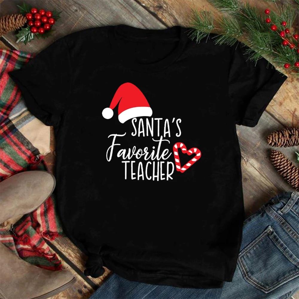 Teacher T Shirts For Christmas,Us $3.49 30% Off|2020 Santa’S Favorite Teacher Print Women T Shirt Christmas Santa Hat Candy Cane Heart Print Graphic T Shirts Harajuku Xmas