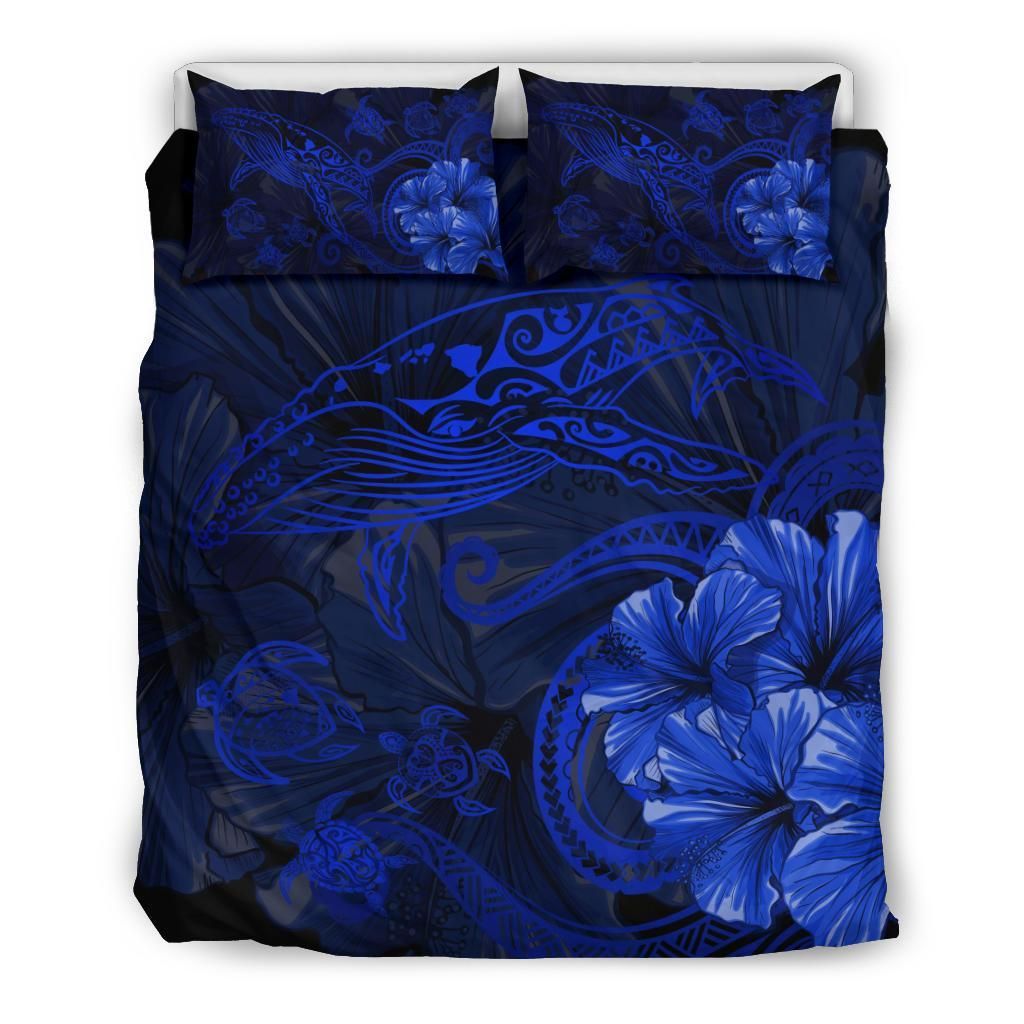 Alohawaii Bedding Set – Cover And Pillow Cases Hawaiian Hibiscus Whale Turtle Dance Polynesian – Blue – Ah J9