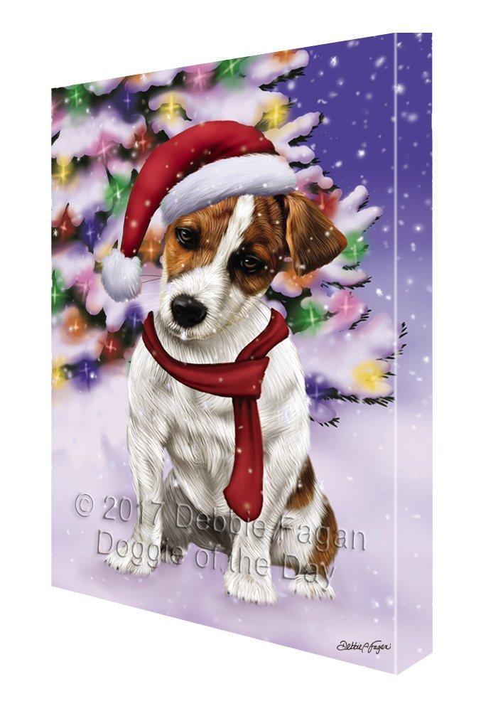 Winterland Wonderland Jack Russell Puppy Dog In Christmas Holiday Scenic Background Painting Printed On Canvas Wall Art