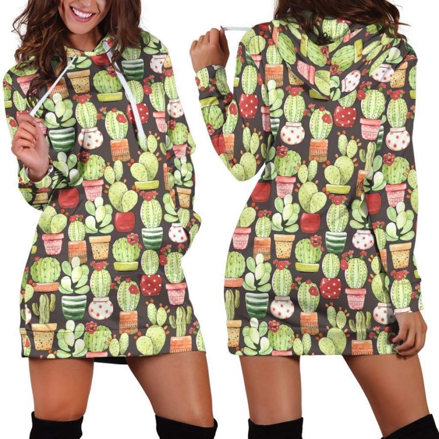 All Over Printing Cactus Pots Hoodie Dress