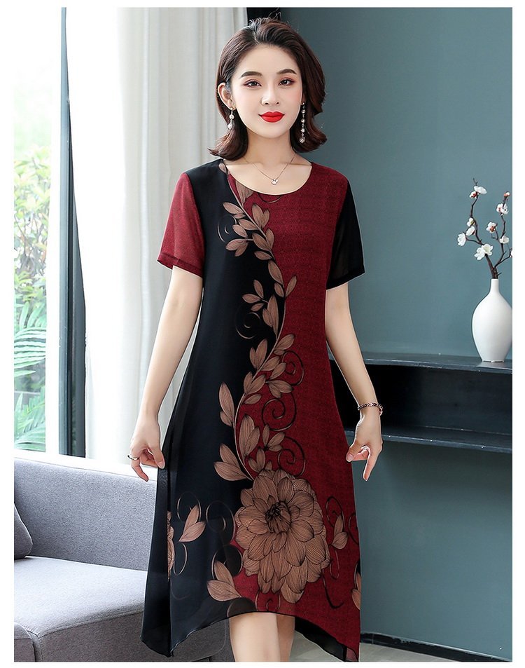 Women Middle-aged Mother Dress Summer Print Flower Chiffon Loose Dress Ladies Casual Hot vacation dresses alx