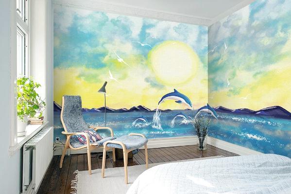 3D Nordic Simplicity Oil Painting Dolphin Wall Mural Wallpaperpe 147