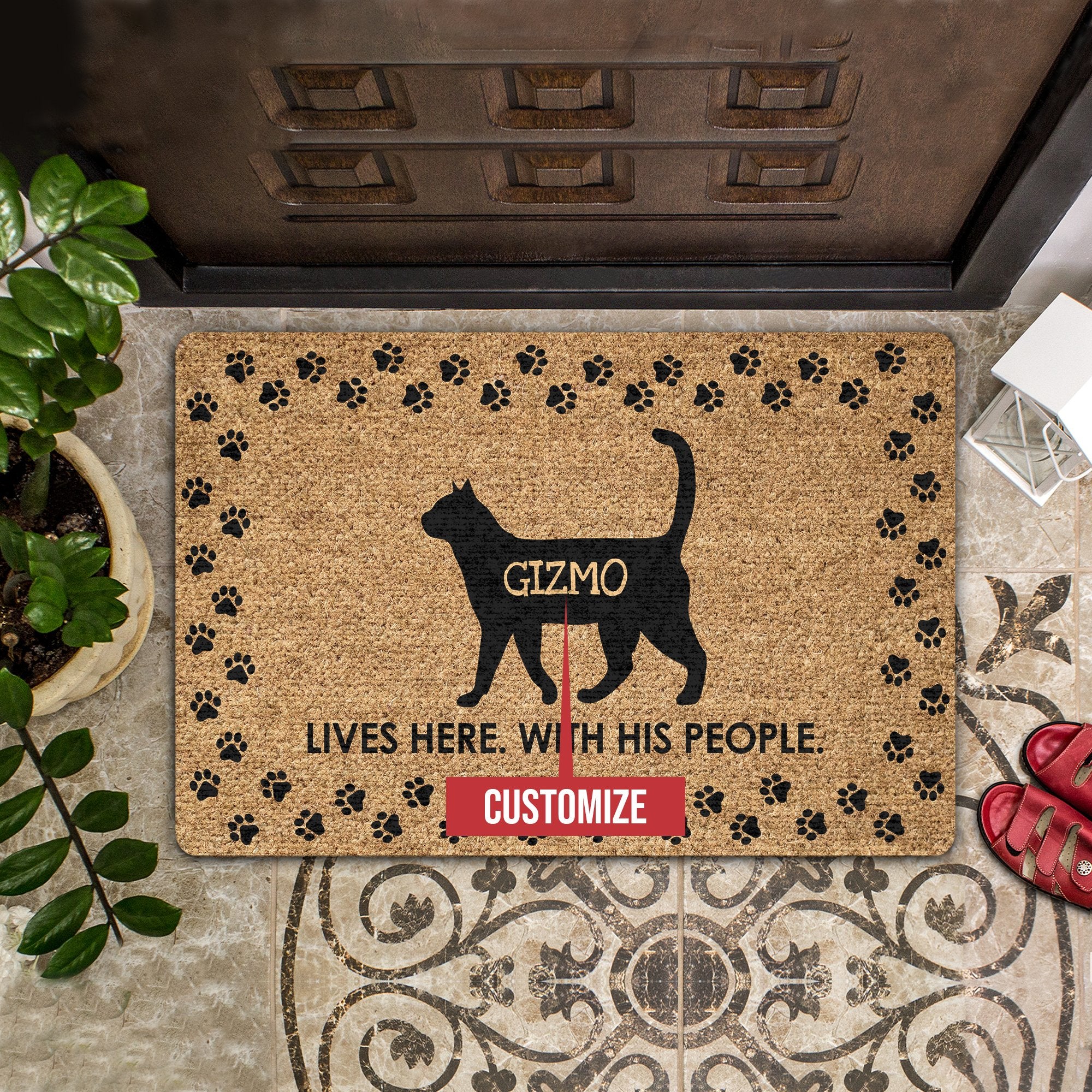 Lives Here With His People Personalized Coir Pattern All Over Printing Doormat Pre2138