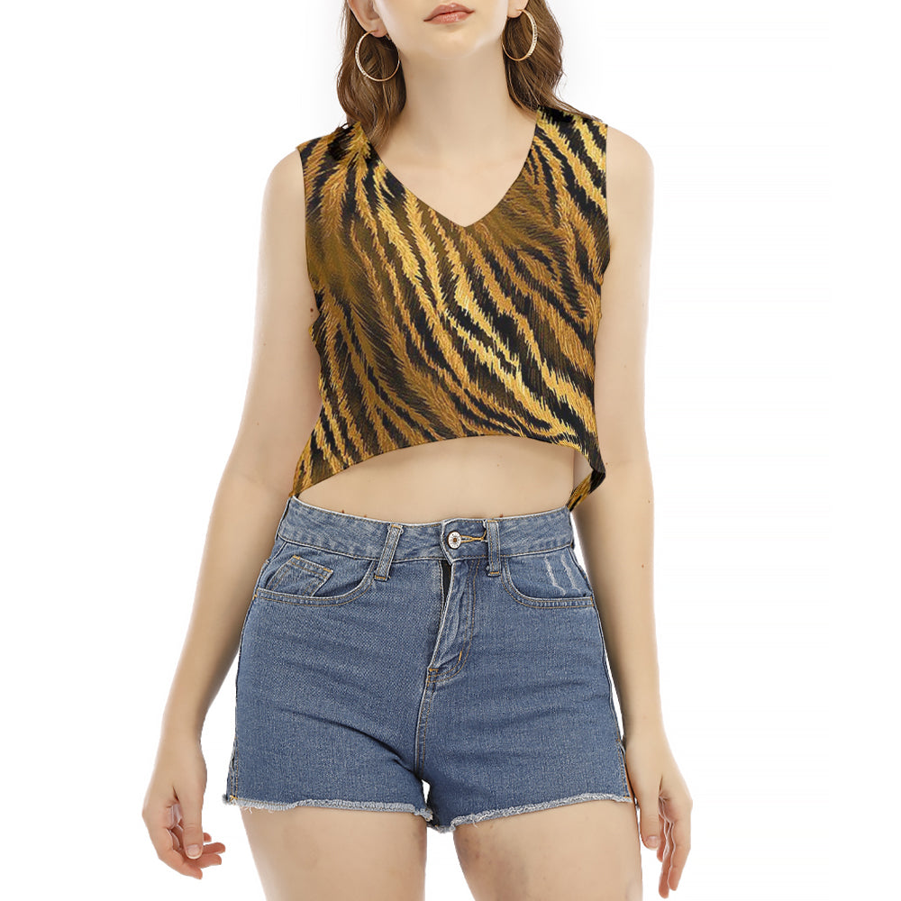 Tiger Skin Print V-Neck Sleeveless Cropped T-Shirt