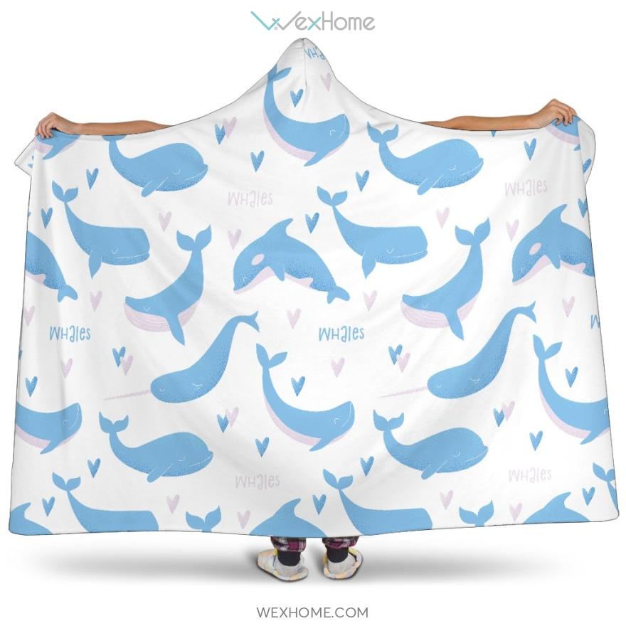 Blue Whale Pattern Hooded Blanket