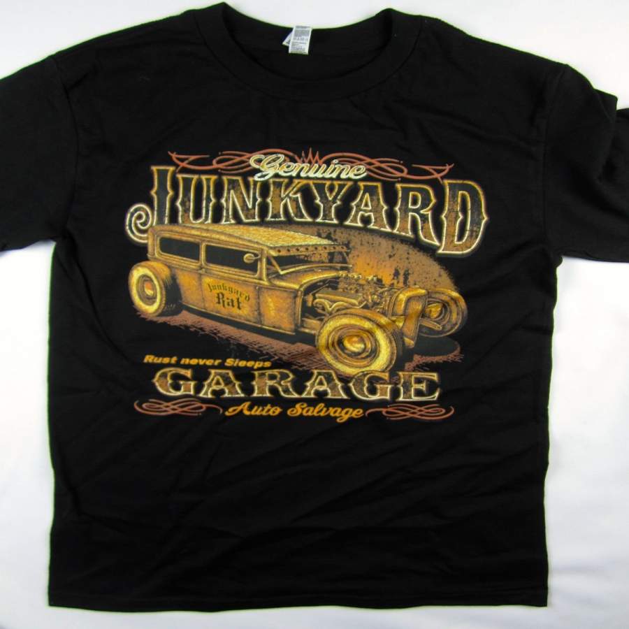 Genuine Junkyard Salvage Hot Rod Vintage Tee Shirt Men’s Black Short Sleeve Cotton Tops