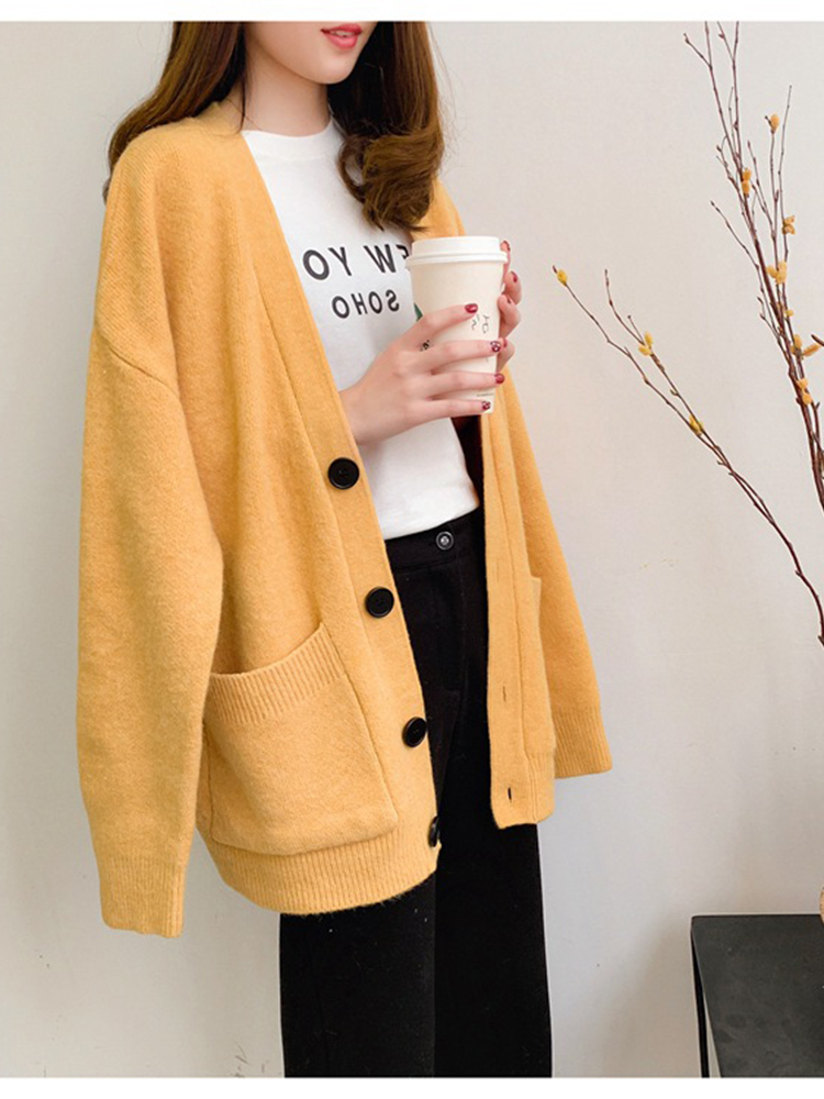 CCI Women New Korean Loose Large Size Lazy Pocket Knitted Sweater Jacket V-neck Single-breasted Thicken Cardigan Coat YJ009S alx