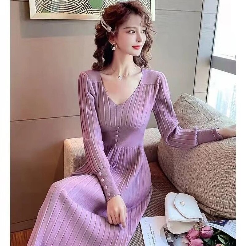 2022 Winter Dress Women V Neck Long Sleeve Pleated Long Knitting Dresses Elegant Fashion Lady Solid Color Autumn Sweater Gowns alx