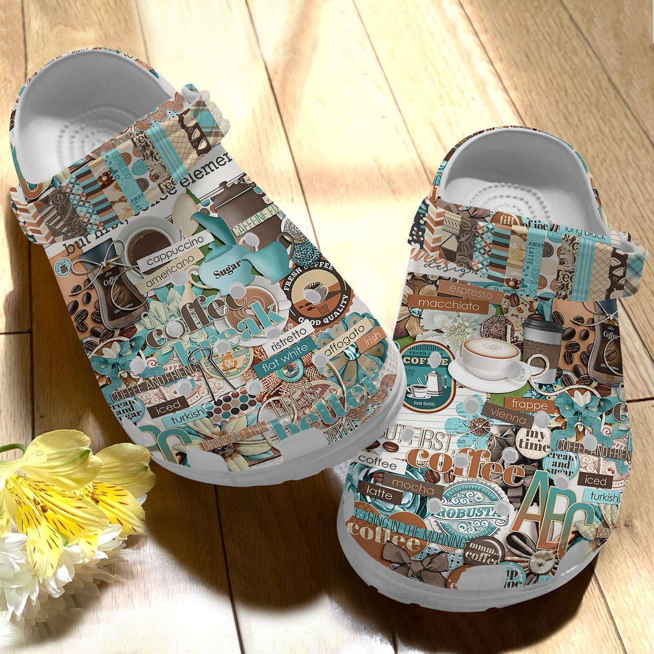 Coffee Personalize Clog, Custom Name, Text, Fashion Style For Women, Men, Kid, Print 3D Whitesole Coffee Scrapbook