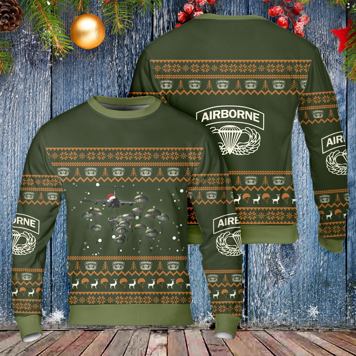 Unifinz Veteran Sweater Airborne Deivision Parachute Green Veteran Christmas Ugly Sweater 2022