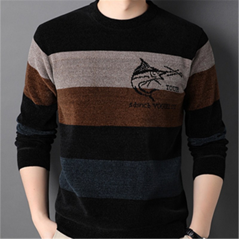 Chenille Jacquard Men’s Sweater Winter Trendy Round Neck Knitwear Casual Thicken Fleece Pullover Men 2022 New Fashion Clothing alx