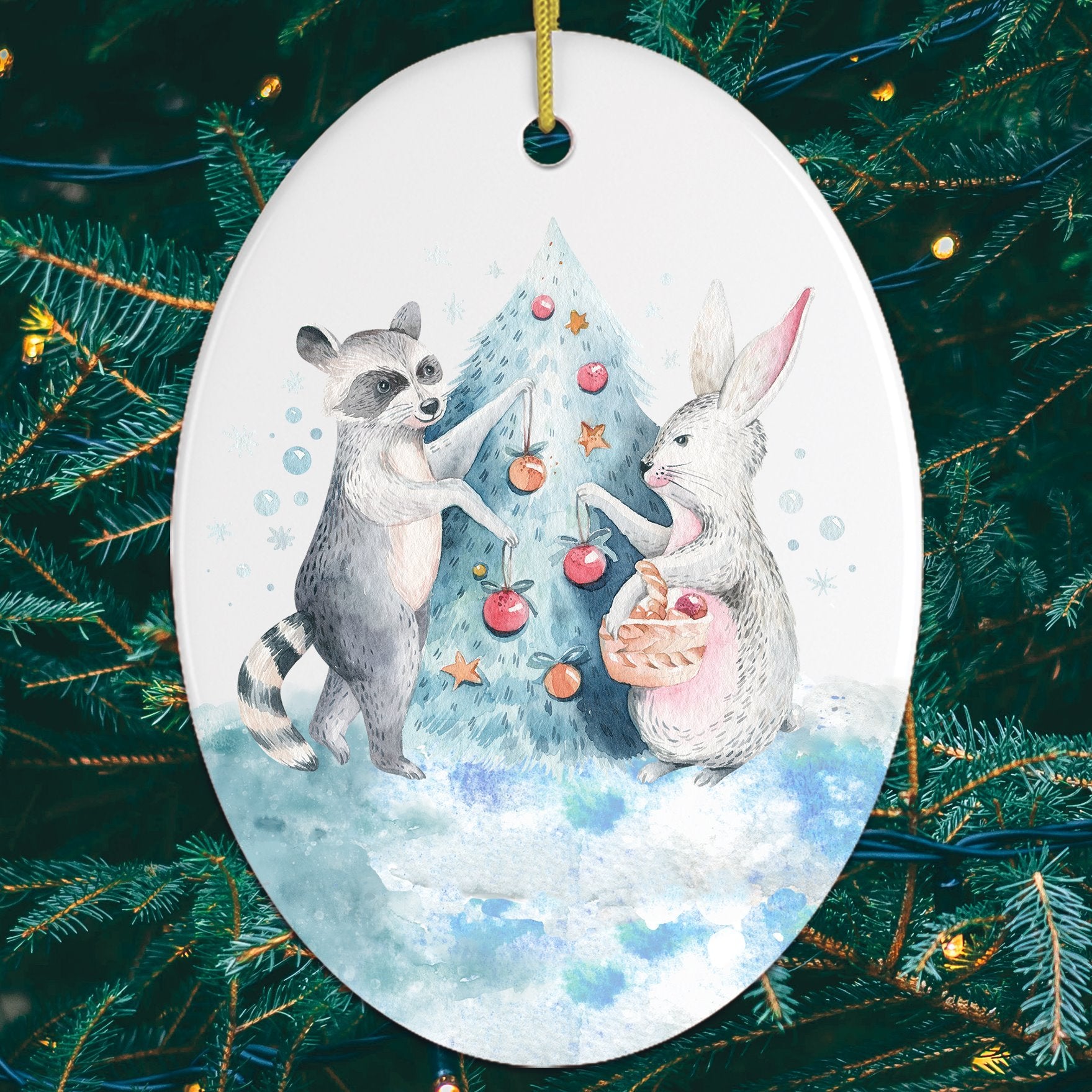 Racoon And Rabbit Watercolor Christmas Tree Illustration Ornament