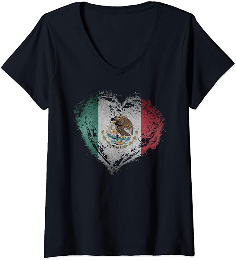 Womens Vintage Mexico Heart Shape Mexican Flag Stylish Design V-Neck T-Shirt