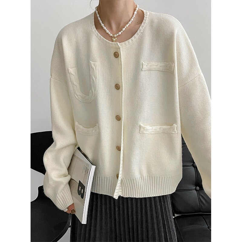 Autumn and Winter Knitting Cardigan Women’s Round Neck Long Sleeve Korean Sweater Coat alx