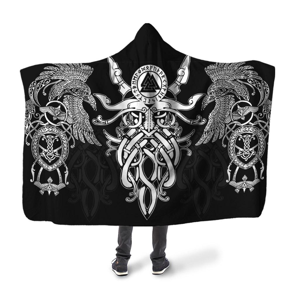 ViticStore™ 3D All Over Printed Viking Valknut And Strong Silver Raven – Black Hooded Blanket