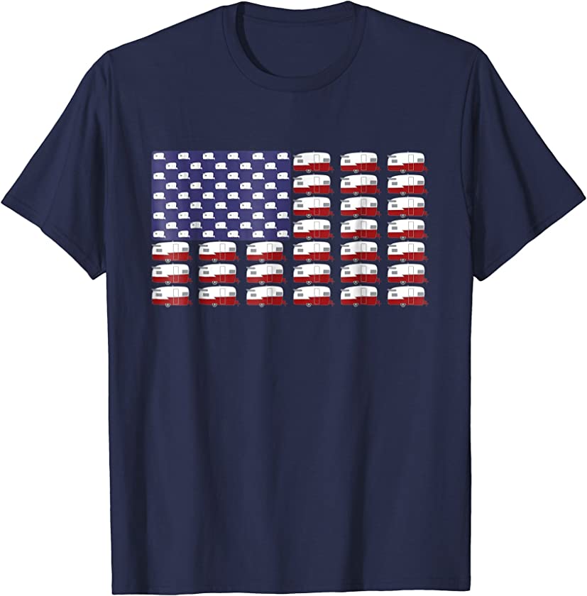 Vintage RV Camper Trailer American Flag T-Shirt