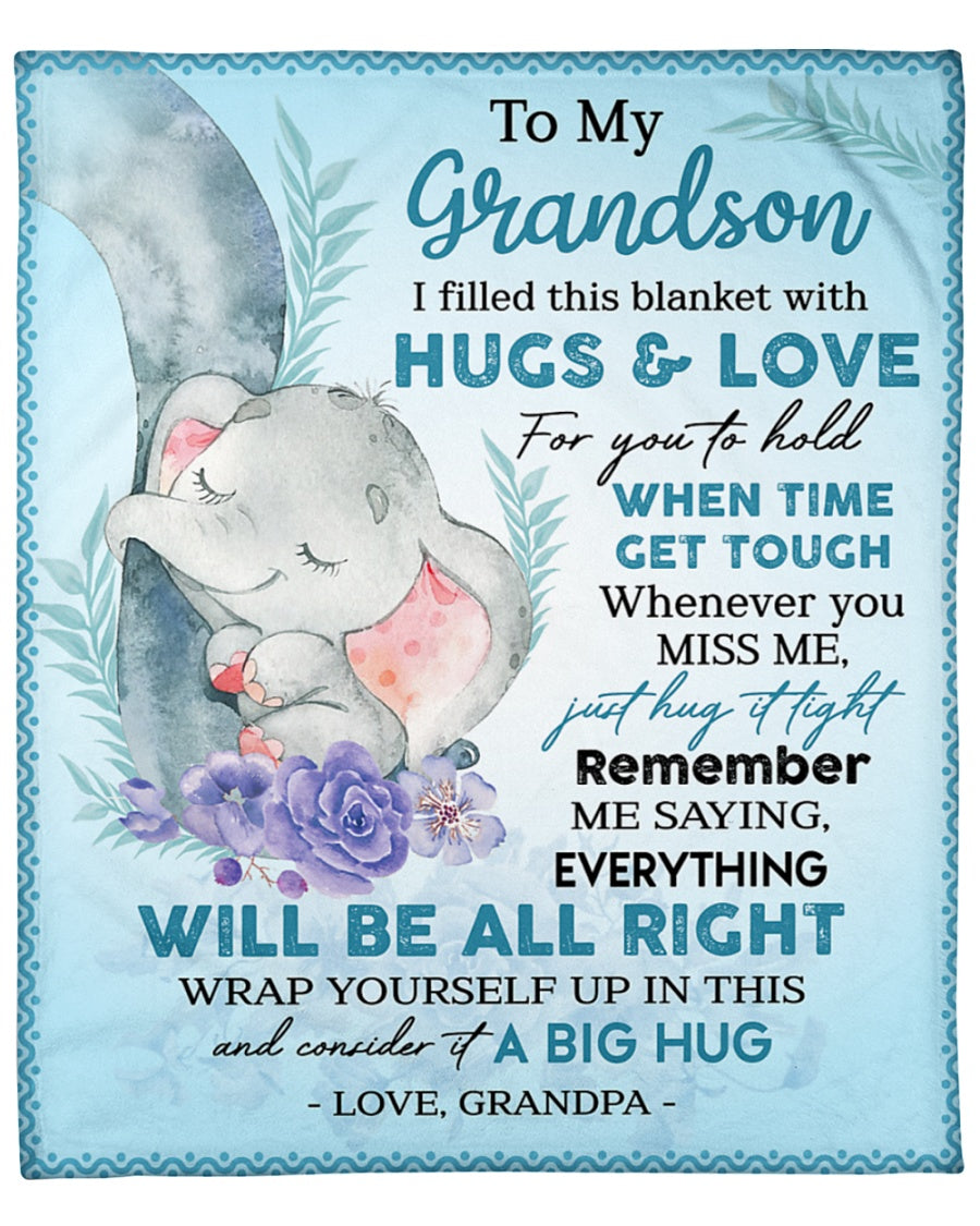 To My Grandson Elephant Fleece Blanket, I Filled This Blanket With Hugs & Love, Gift For Grandson From Grandpa Birthday Gift Home Decor Bedding Couch Sofa Soft