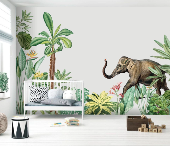 3D Hand Drawn Green Leaves Plant Elephant Animal Wall Mural Wallpaper Lxl