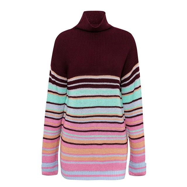 Winter Striped Turtleneck Knitted Sweater Dress