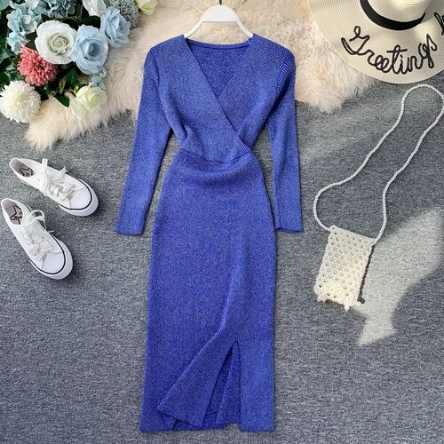 Split Bodycon V Neck Winter 2021 Casual Korean Pollover Thick Woman Knitted Jumper Dresses Warm Solid New Sweater Dress Women alx