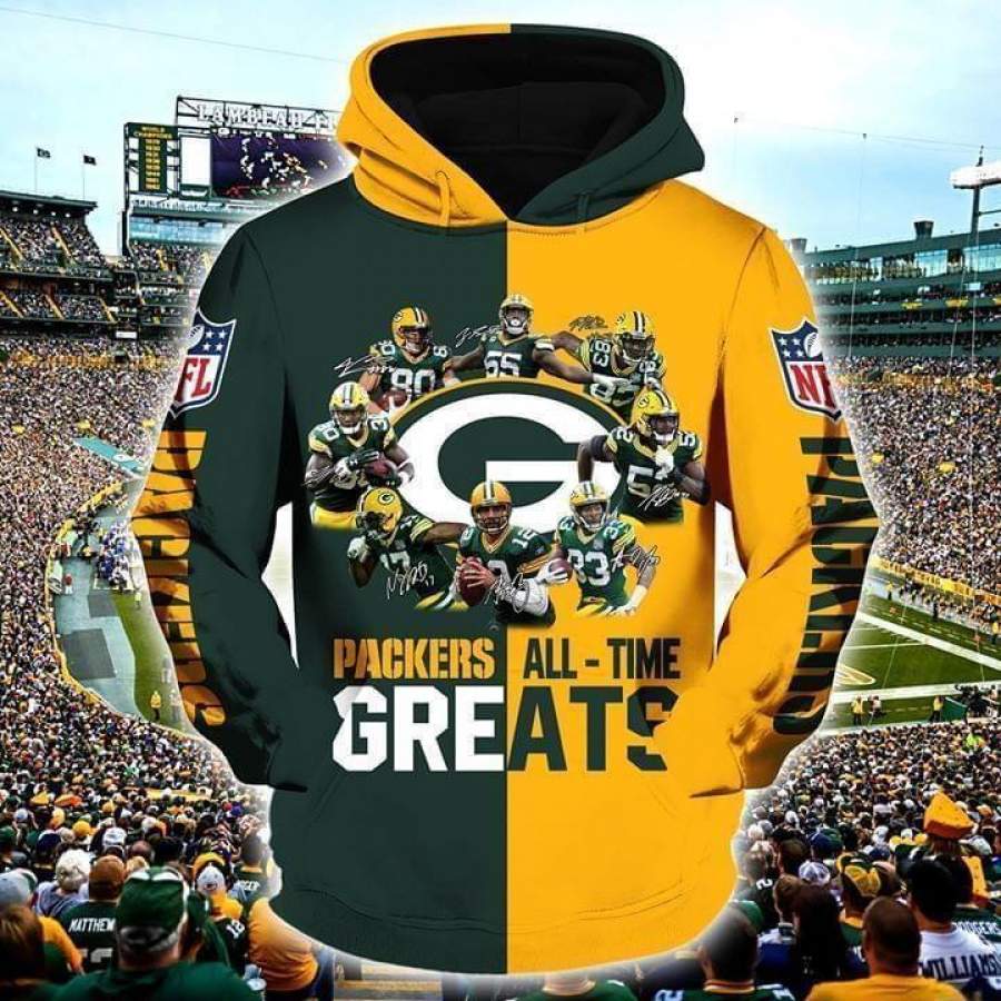 Green Bay Packers All Time Greats Players Signatures Printed Hoodie Unisex 3D All Over Print