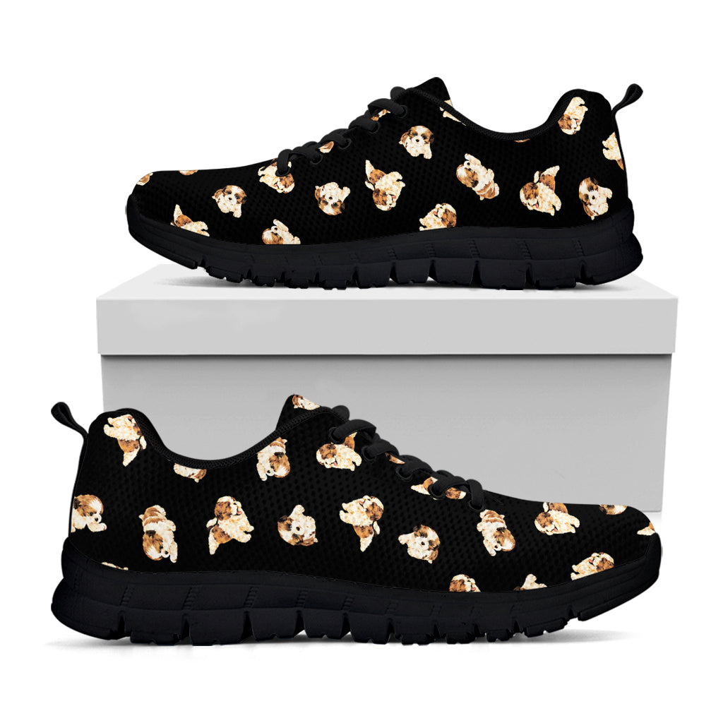 Shih Tzu Puppy Pattern Print Black Sneakers