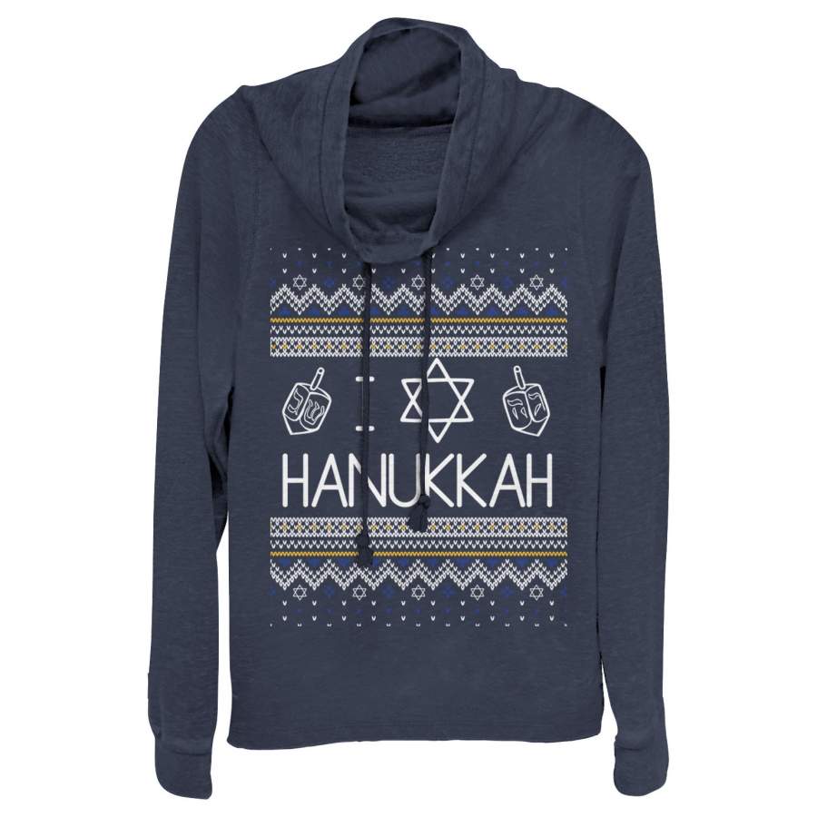 CHIN UP Junior’s Hanukkah Ugly Sweater Cowl Neck Sweatshirt