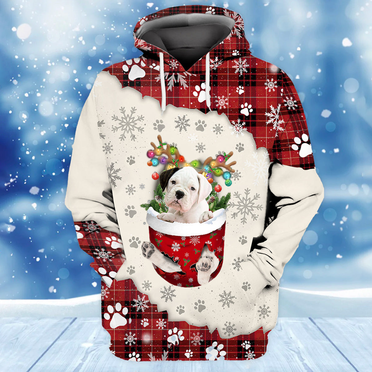 White Boxer In Snow Pocket Merry Christmas Unisex Hoodie