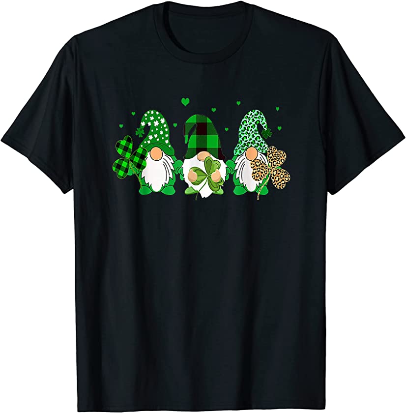 Three Gnomes Holding Plaid Leopard Shamrock St Patrick’s Day T-Shirt