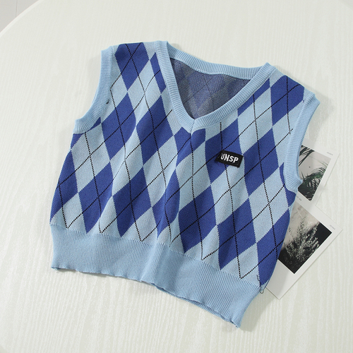 Argyle Sweater Vest Women Design Blue All-match Leisure Slim Cropped Sleeveless Sweaters Korean Style Fashion Tops Feminine Ins alx