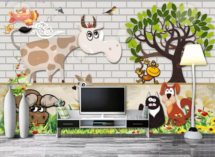 3D Cartoon Forest Animal Wall Mural Wallpaper Lqh 235