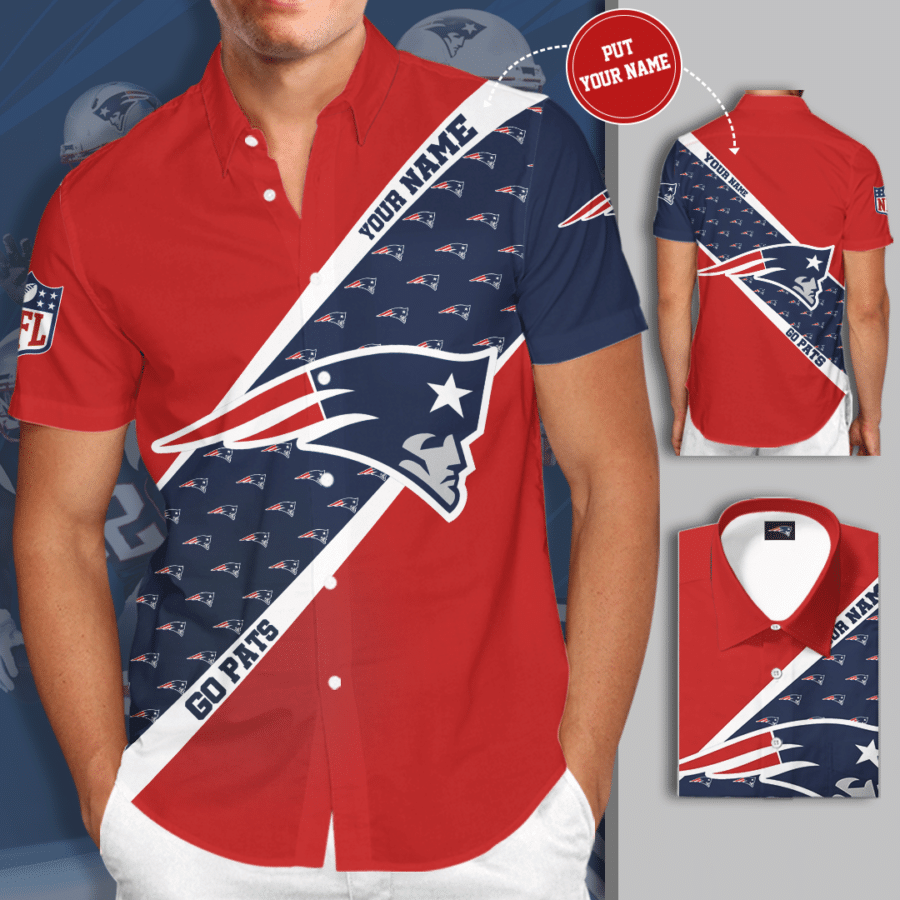 Personalized New England Patriots Big Logo Go Pats All Over Print 3D Short Sleeve Dress Shirt Hawaiian Summer Aloha Beach Shirt – Red Navy