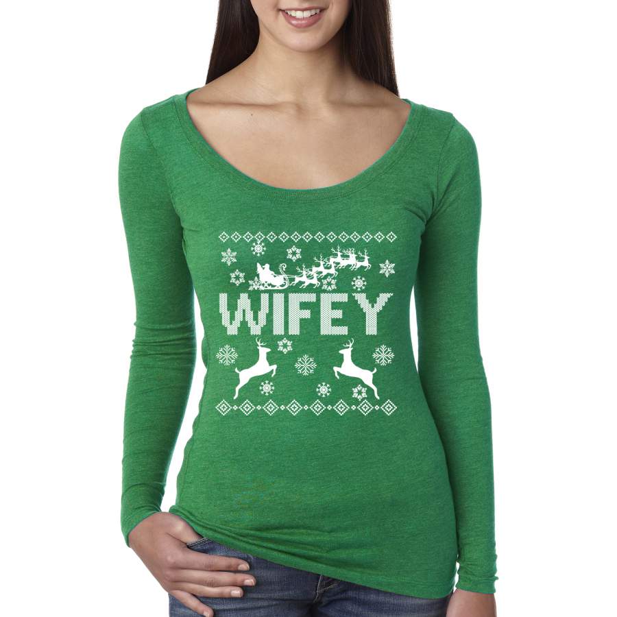 Christmas Wifey Love Ugly Christmas Sweater  Christmas Womens Scoop Long Sleeve Top