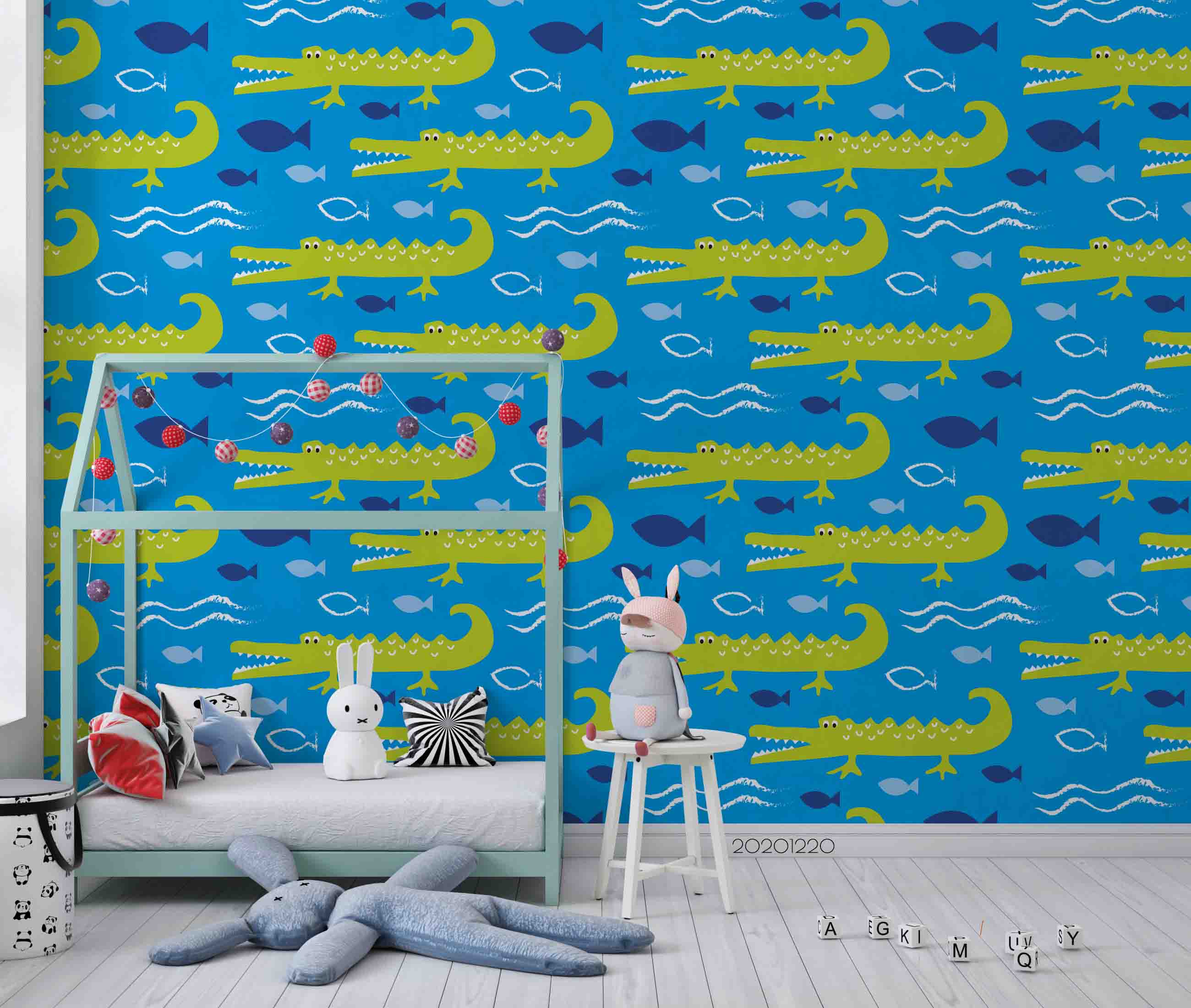 3D Hand Drawn Animal Blue Crocodile Wall Mural Wallpaper Lqh 64