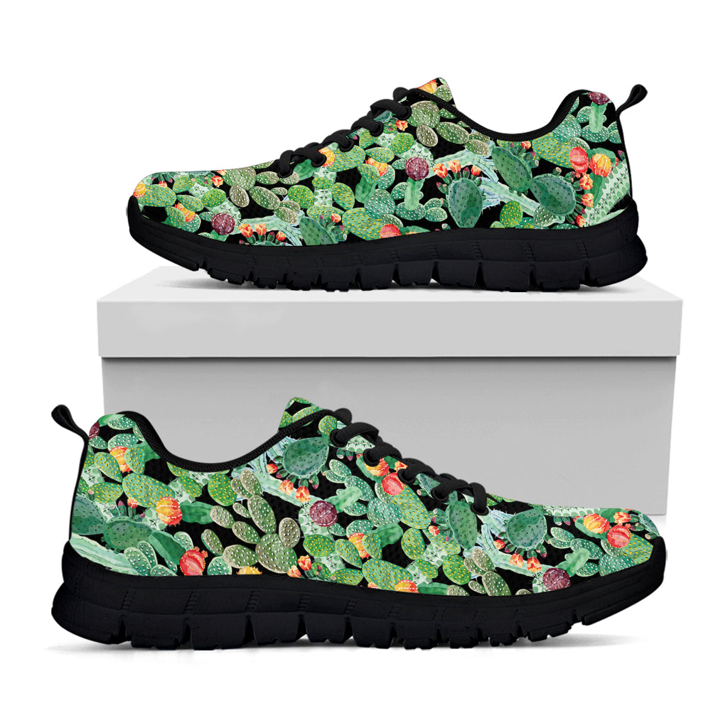 Watercolor Cactus Plant Print Black Sneakers