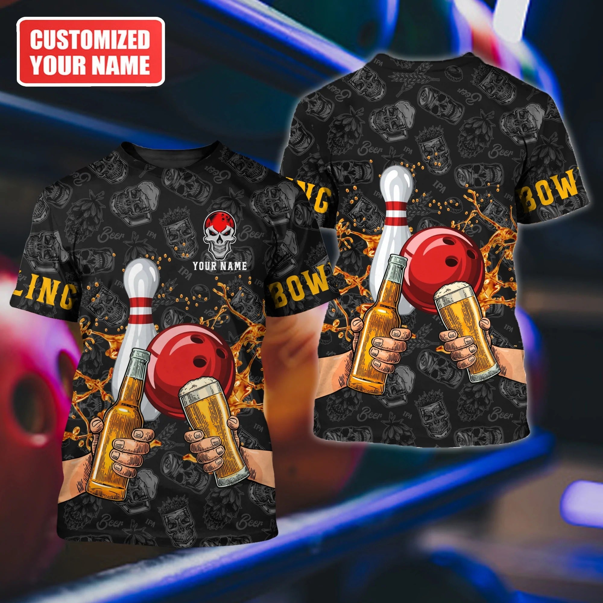 Custom Mens Bowling Shirt, 3D All Over Print Beer And Bowling Tee Shirt Skull Pattern, Bowler Shirts