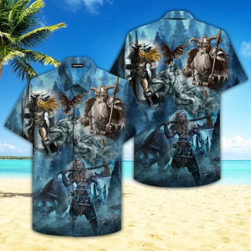 Viking Odin With Wolf And Raven Hawaiian Shirt