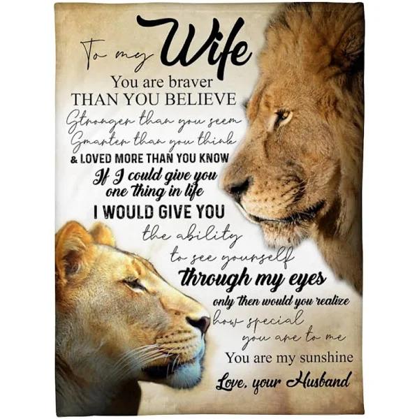 To My Wife Through My Eyes Only Then Would You Realize Lion Fleece Blanket Gift For Wife From Husband Home Decor Bedding Couch Sofa Soft And Comfy Cozy