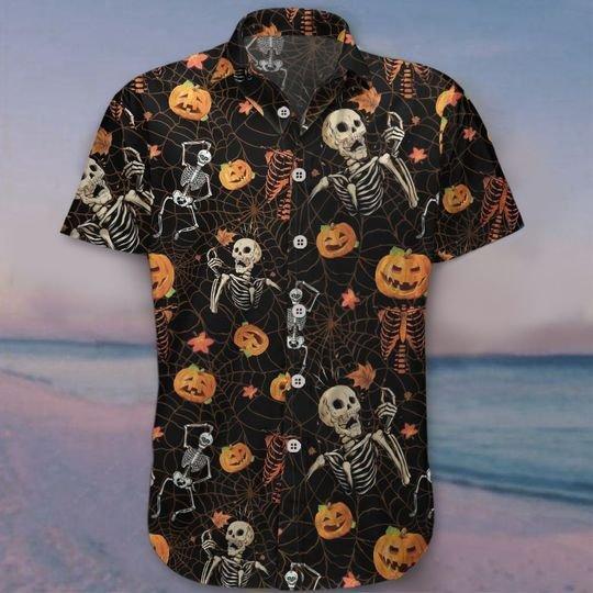 Skeleton Pumpkin Halloween Hawaii Unisex Print Aloha Short Sleeve Casual Shirt Ha67580