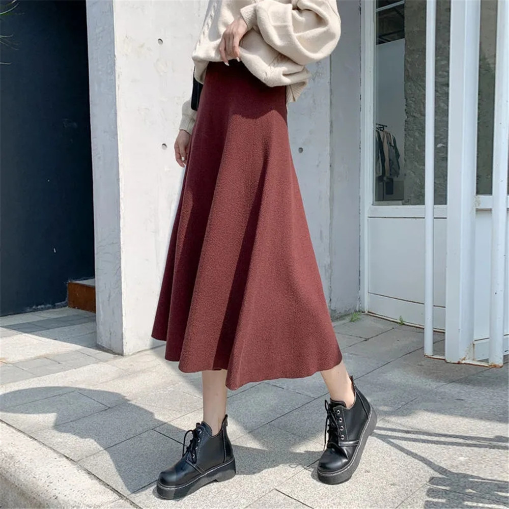 Autumn Thick Large Swing Knitted Long Skirt Women’S 2021 Korean Elegant Solid Color Pleated Skirt High Waist A-Line Midi Skirt alx