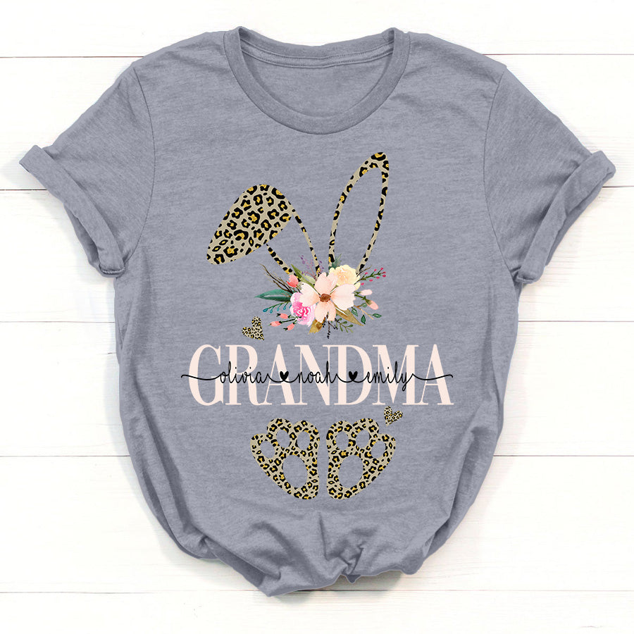 Personalized T-Shirt For Grandma Leopard Bunny With Flower Printed Custom Grandkids Name Happy Easter Shirt