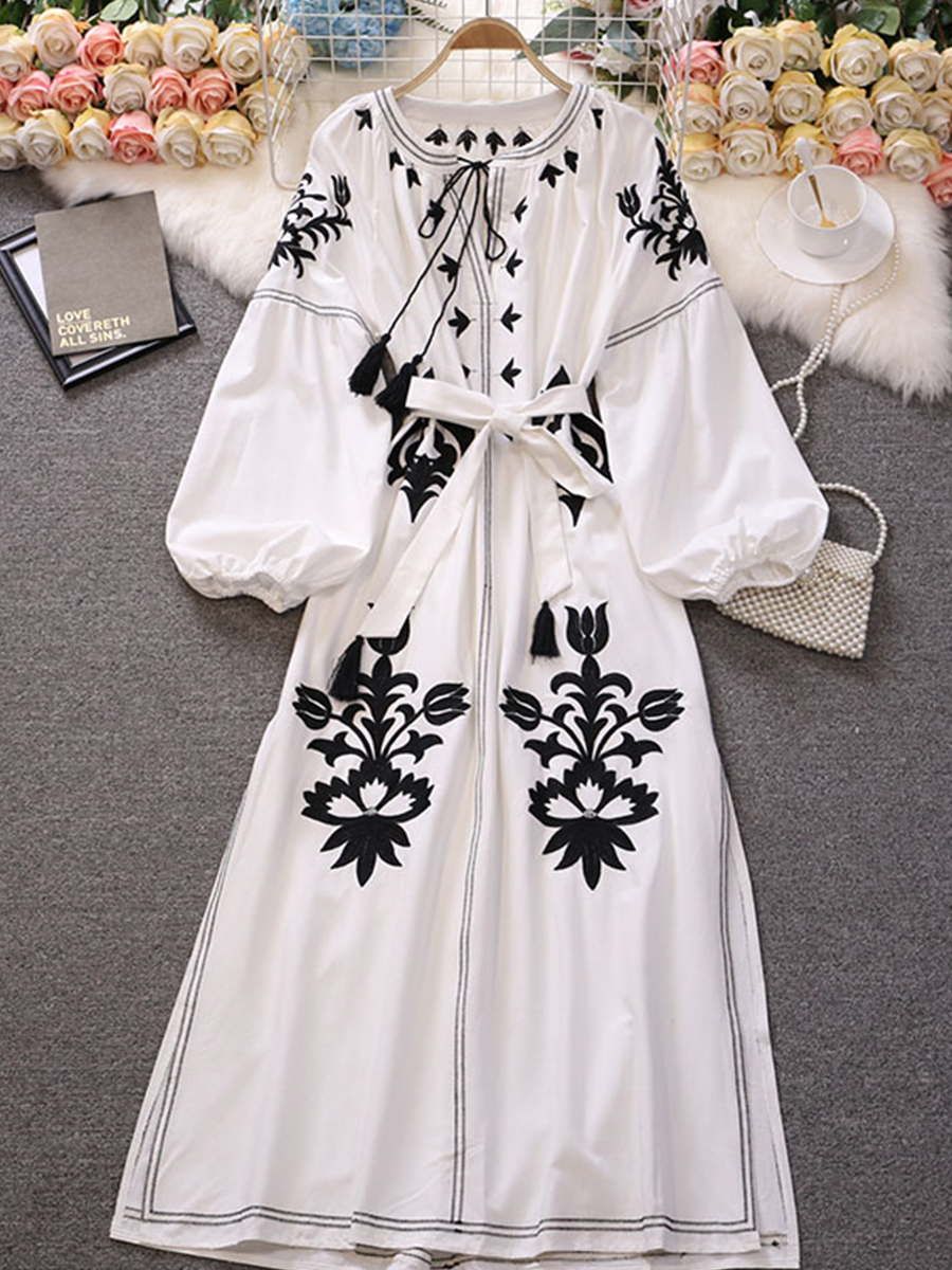 Bohemian Women Embroidered Long Dress Autumn Elegant Round Neck Puff Sleeve Tassel Lace-Up Loose Vestidos Black/Yellow/White New alx