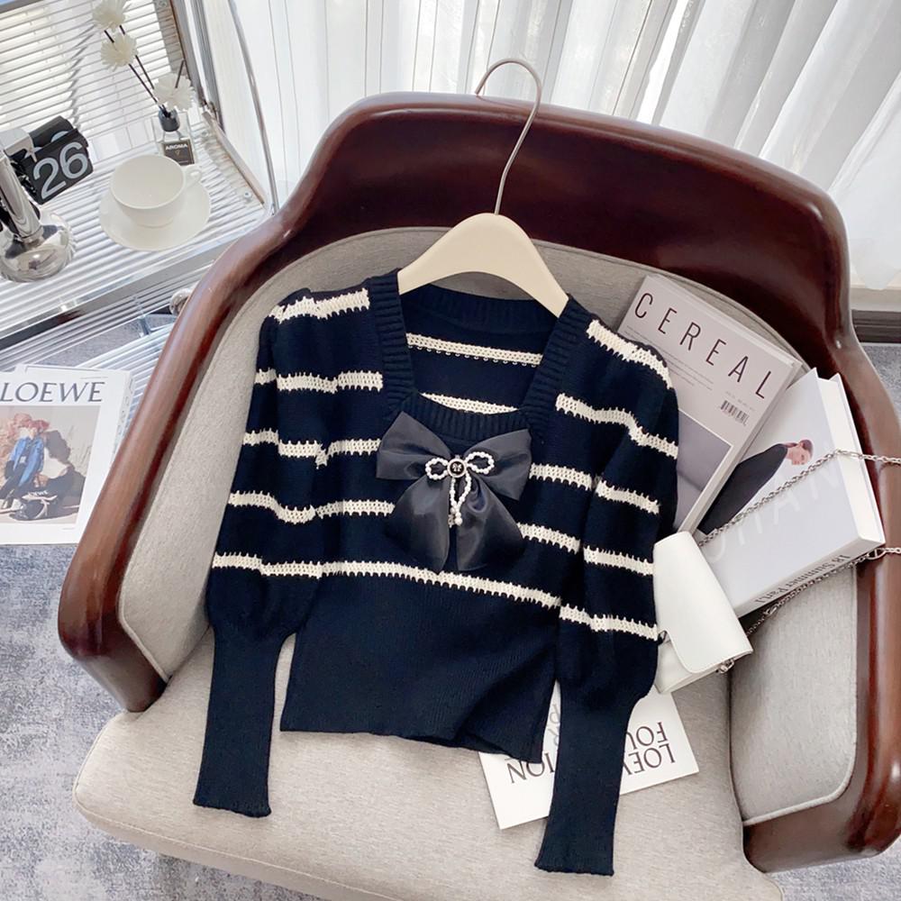 Stylish Bowtie Striped Knit Sweater Women Cropped Tops Pullover Long Sleeve Slim Fashion Chic Knitwear Korean Elegant Jumpers alx