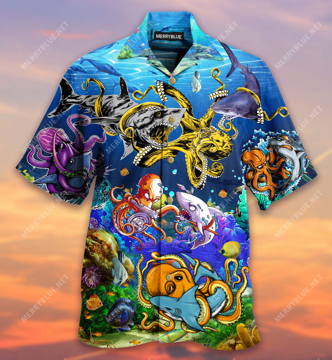 Shark Fighting Octopus Unisex Hawaiian Shirt