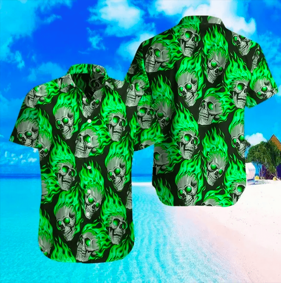 Green Flaming Skull Unisex Hawaii Summer Beach Shirts Ha36333