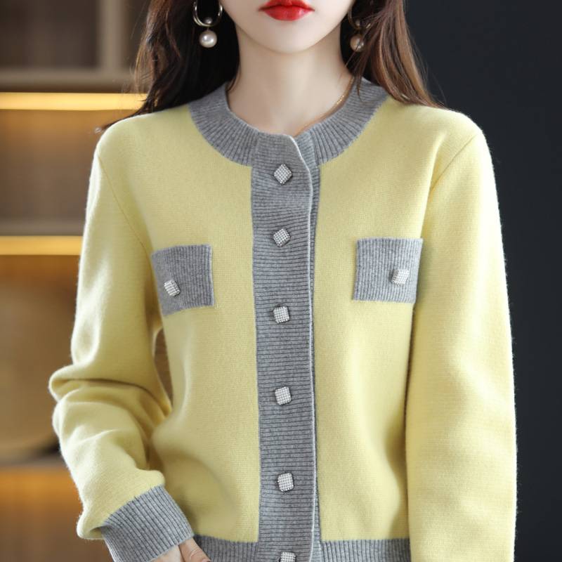 Spring Autumn Women Sweaters Casual Patchwork Round Collar Long Sleeve Coat Female Cardigan 100% Wool Knit Top Jacket Jumper alx