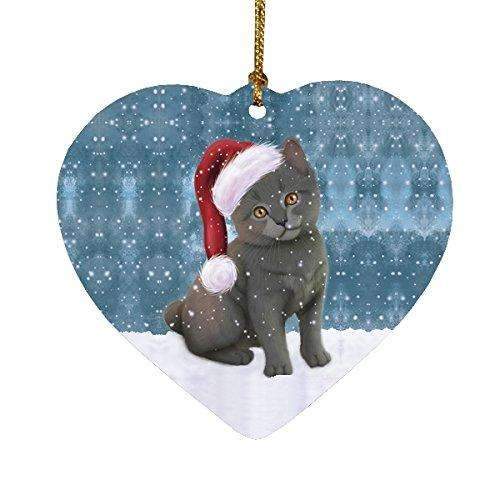 Let It Snow Christmas Holiday Chartreux Kitten Cat Wearing Santa Hat Heart Ornament D278